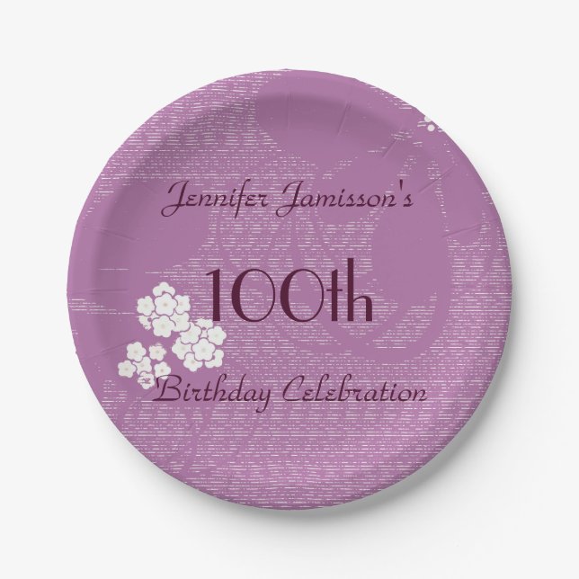 Purple Floral Personalised 100th Birthday Party Paper Plate (Front)