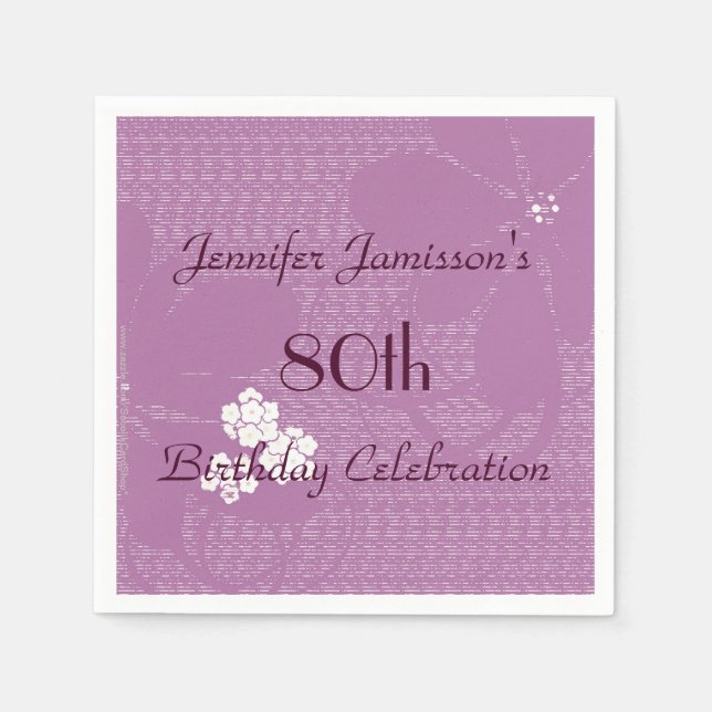 Purple Floral Personalised 80th Birthday Party Napkin (Front)