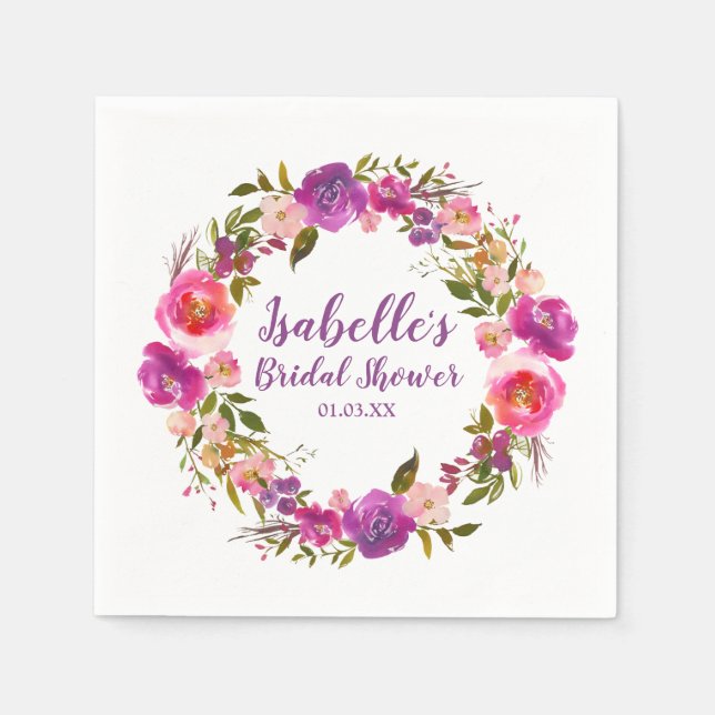Purple Floral Personalised Bridal Shower Napkin (Front)