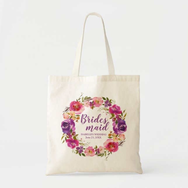 Purple Floral Personalised Bridesmaid Totebag Tote Bag (Front)