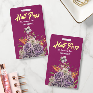 Purple Floral Personalised Burgundy Hall Pass ID Badge