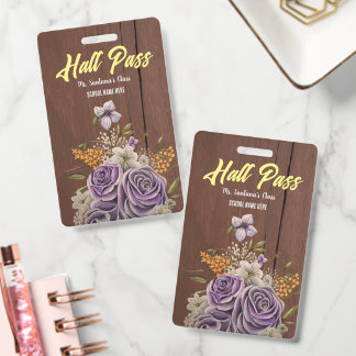 Purple Floral Personalised Dark Wood Hall Pass ID Badge