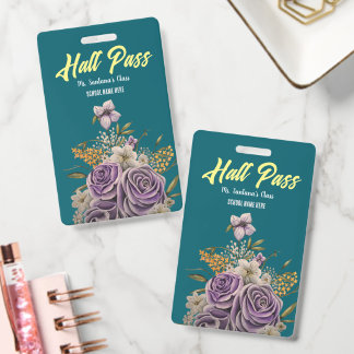 Purple Floral Personalised Deep Teal Hall Pass ID Badge