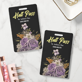 Purple Floral Personalised Elegant Black Hall Pass ID Badge