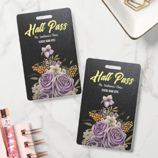 Purple Floral Personalised Glitter Hall Pass ID Badge