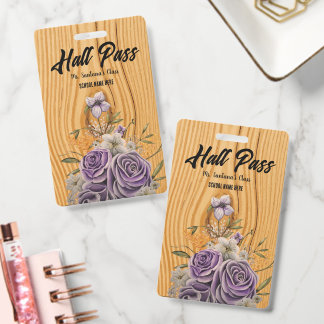 Purple Floral Personalised Honey Wood Hall Pass ID Badge