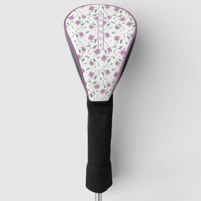 Purple Floral Personalised Ladies Golf Head Cover (Front)