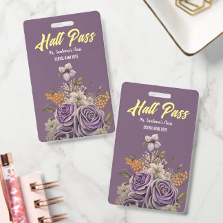 Purple Floral Personalised Mauve Hall Pass ID Badge