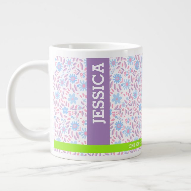 Purple Floral Personalised Name & Monogram Large Coffee Mug (Left)
