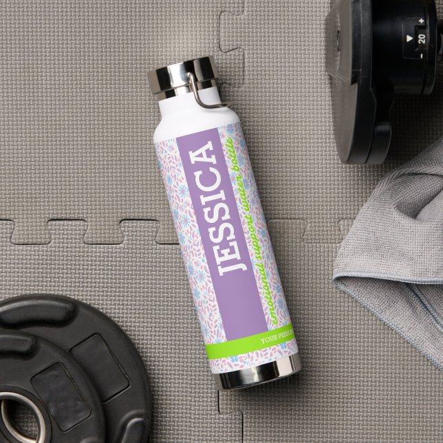 Purple Floral Personalised Name & Monogram Water Bottle (Creator Uploaded)