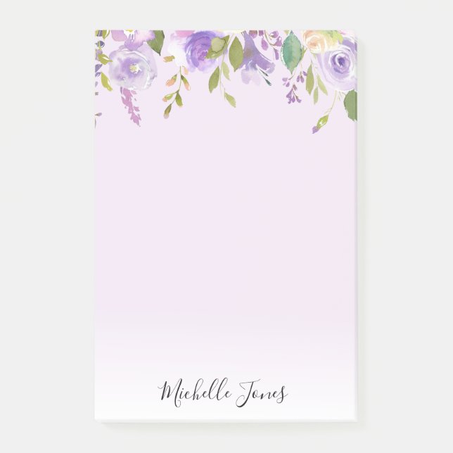 purple floral personalised post it sticky notes (Front)