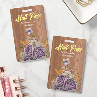 Purple Floral Personalised Rustic Hall Pass ID Badge
