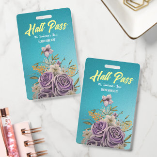Purple Floral Personalised Teal Glitter Pass ID Badge