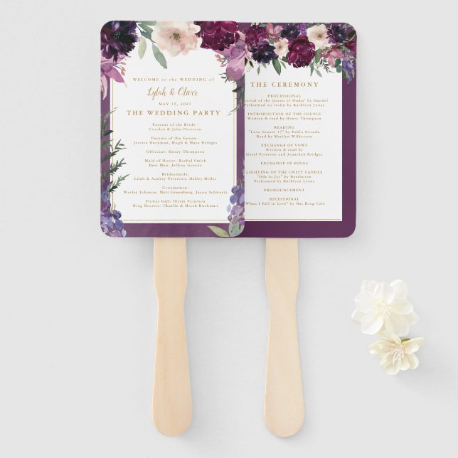 Purple Floral | Personalised Wedding Program Hand Fan (Front and Back)