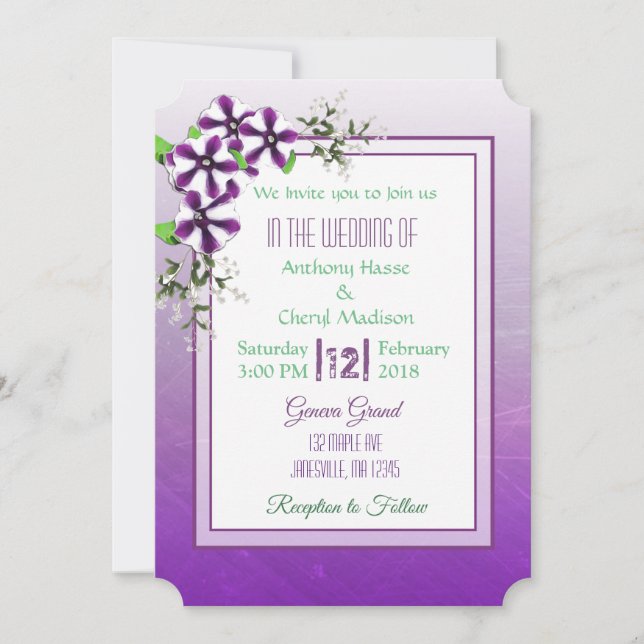 Purple Floral Petunias Lace Wedding Invitations (Front)