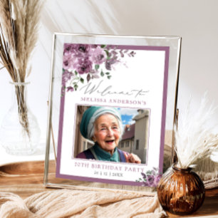 Purple Floral Photo Any Age Birthday Welcome Poster