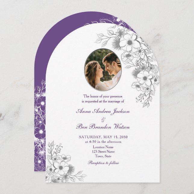 Purple Floral Photo Arched Wedding Invitation (Front/Back)