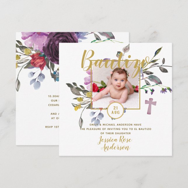 Purple Floral PHOTO Bautizo Invitacion Spanish Invitation (Front/Back)