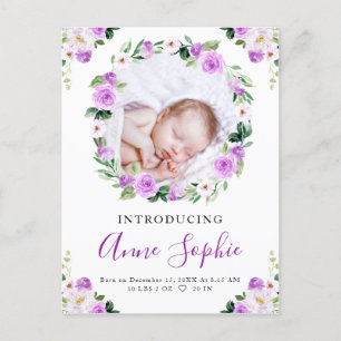 Purple Floral Photo Birth Announcement & Thank You Postcard