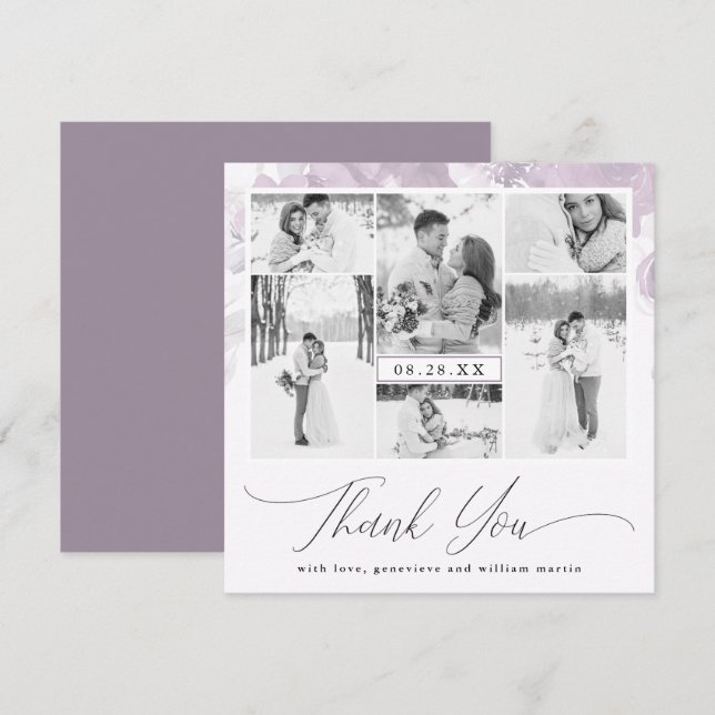 Purple Floral Photo Collage Wedding Thank You Invitation (Front/Back)