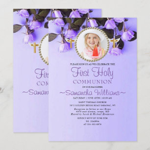 Purple Floral Photo First Communion Invitation