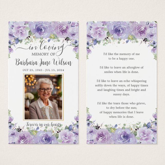 Purple Floral Photo Funeral Memorial Bookmark (Front & Back)