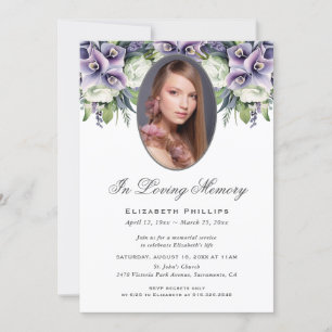 Purple Floral Photo Memorial Service Funeral Invitation
