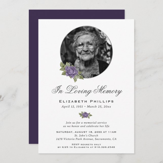 Purple Floral Photo Memorial Service Invitation (Front/Back)