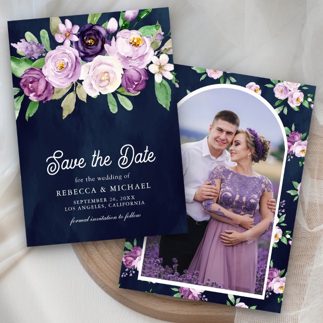 Purple Floral Photo Navy Blue Wedding Save The Date (Creator Uploaded)