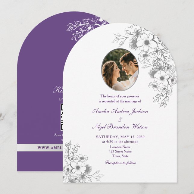 Purple Floral Photo QR Code Wedding Invitation (Front/Back)