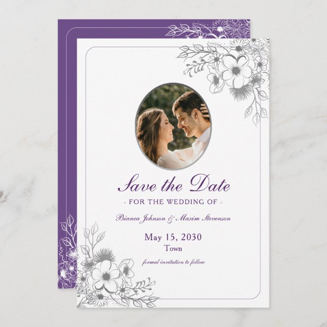 Purple Floral Photo Save The Date (Front/Back)