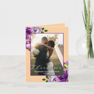 Purple Floral Photo Wedding Folded  Thank You Card