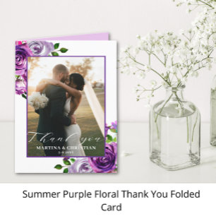 Purple Floral Photo Wedding Folded  Thank You Card