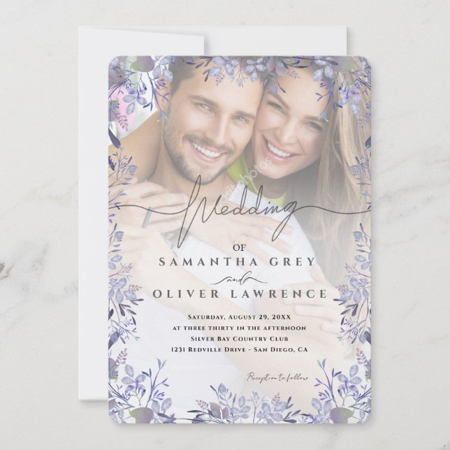 Purple Floral Photo Wedding Invitation (Front)