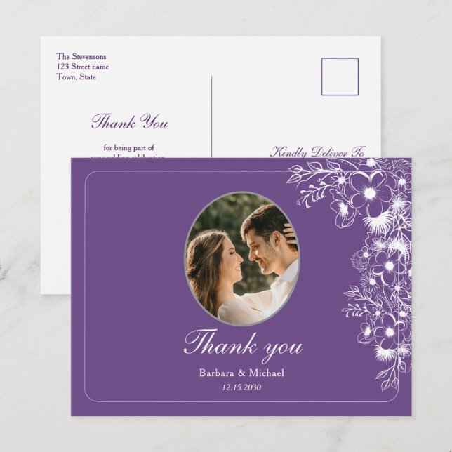 Purple Floral Photo Wedding Thank You Postcard (Front/Back)