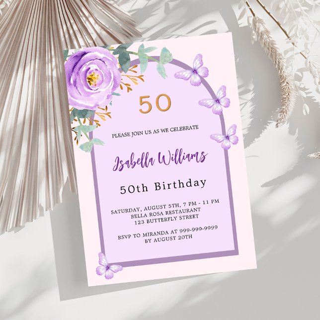 Purple floral pink arch butterfly luxury Birthday Invitation (Creator Uploaded)
