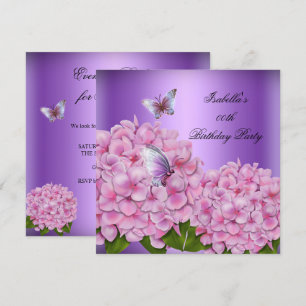 Purple Floral Pink Butterfly Birthday Party Invitation