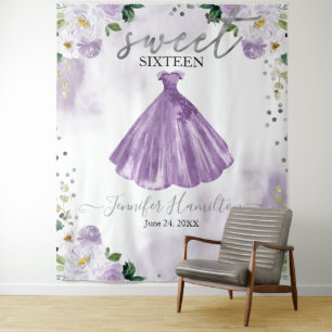 Purple Floral Pink Dress Sweet 16 Backdrop Tapestry