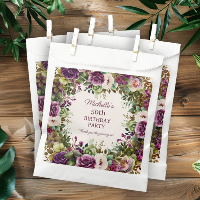 Purple Floral Pink Flowers Birthday Favour Bags (Elegant purple and pink watercolor floral birthday party favor bags. )