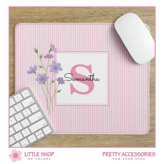 Purple Floral Pink Stripes Monogrammed Mouse Mat (Creator Uploaded)