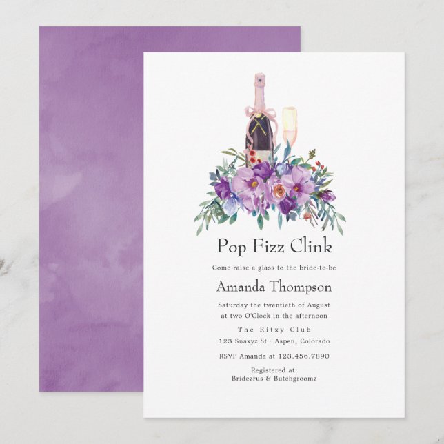 Purple Floral Pop Fizz Clink Bridal Shower Invitation (Front/Back)