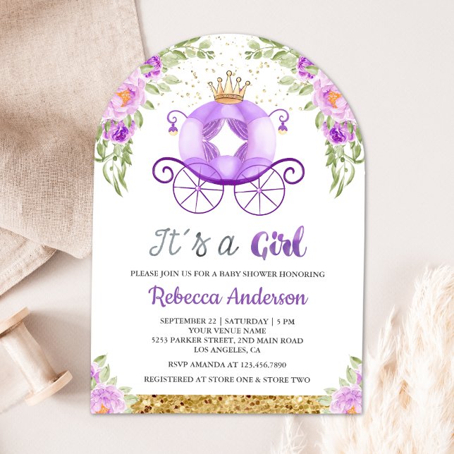 Purple Floral Princess Carriage Arch Baby Shower Invitation (Creator Uploaded)