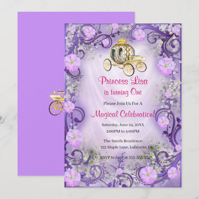 Purple Floral Princess Enchanted 1st Birthday Invitation (Front/Back)