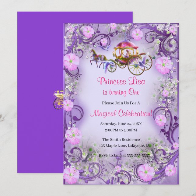 Purple Floral Princess Fairy Tail 1st Birthday Invitation (Front/Back)