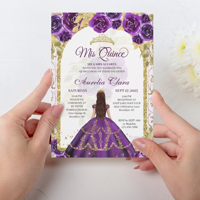 Purple Floral Princess Gold Arch Quinceanera Invitation (Creator Uploaded)