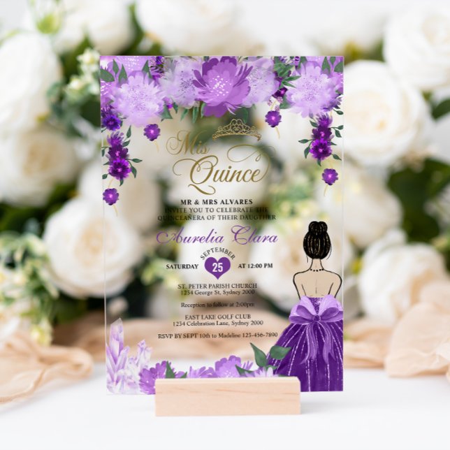 Purple Floral Princess Mis Quince Quinceañera Acrylic Invitations (Creator Uploaded)