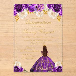 Purple Floral Princess Quinceañera Acrylic Invitations