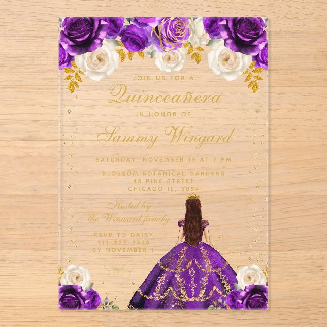 Purple Floral Princess Quinceañera Acrylic Invitations (Front)
