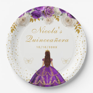 Purple Floral Princess Quinceañera Paper Plate