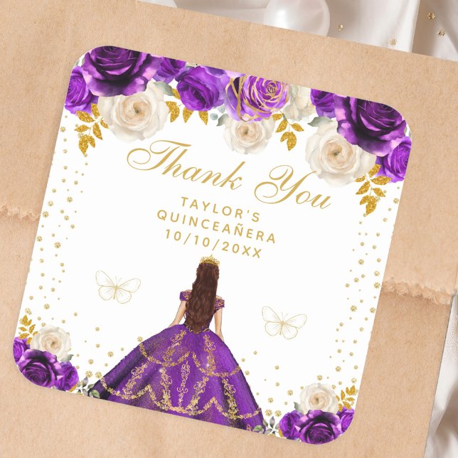 Purple Floral Princess Quinceañera Square Sticker (Creator Uploaded)
